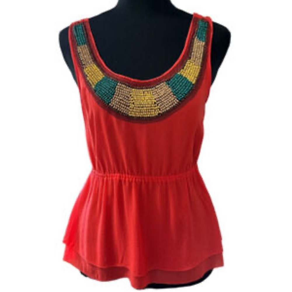 Anthropologie Orange/Red Sleeveless Top beaded neckline Elastic Waist size 8